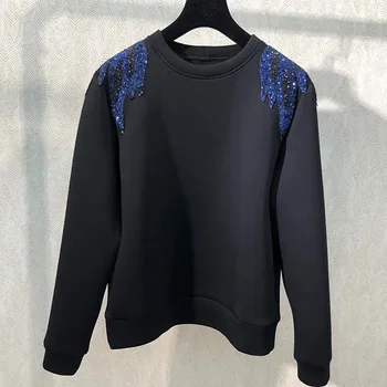 

Cotton Women Sweatshirt Shoulder Sequins Ladies Sports Top Loose O-neck Long Sleeve Female Wild Stylish Pullover