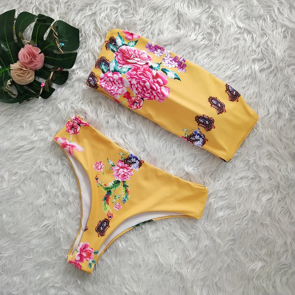 2019 Sexy Colorfu Rainbow Striped Floral Bandeau  High Waist Swimsuit Swimwear Women Bikini Biquini Swim Beach Wear Female Cut