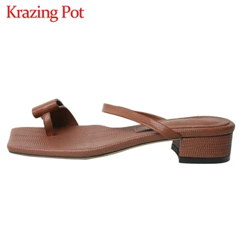 

Krazing pot 2020 genuine leather flip-flop med heel slip on brand shoes vintage interstar recommend young lady sandals women L06