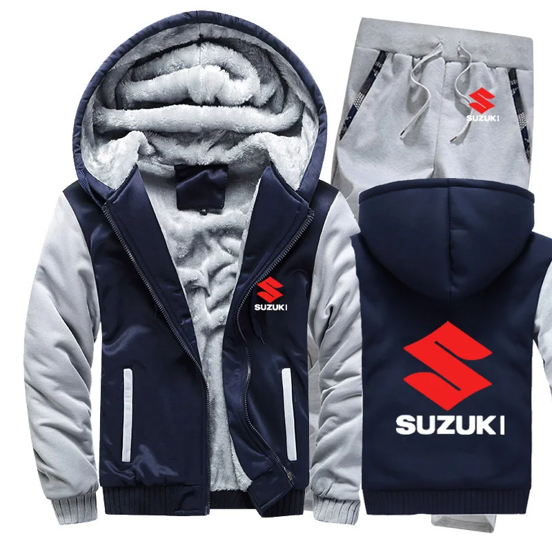 Мужские толстовки с капюшоном с логотипом Suzuki, мужские толстовки с капюшоном, зимний утепленный флисовый хлопковый спортивный костюм на молнии, мужская куртка+ штаны, комплекты из 2 предметов - Цвет: 805