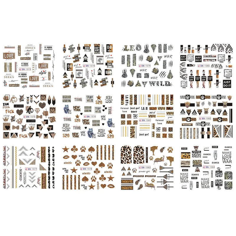 

12 in 1 Multi-designs Fashion Pattern Watermark Nail Art Stickers Water Transfer Slider Decals For Nail Art Decoration BN1441