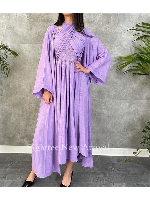 Eightree Lavender 2021 Saudi Arabia Long Sleeve Prom Dress Detachable Cloak Cross Neck Tea Length Pleated  Elegant Party Gowns As picture
