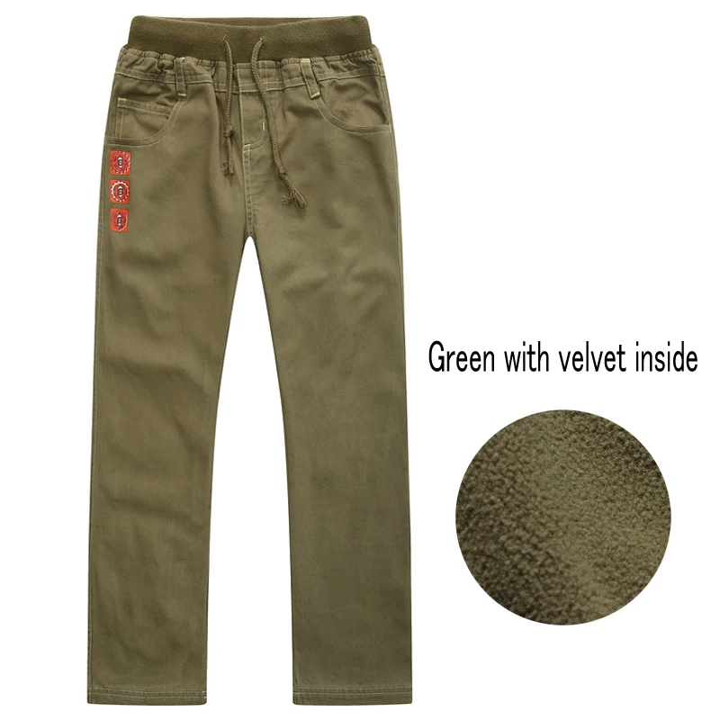Новые модные брюки для мальчиков на весну, лето и осень брюки из хлопка детские повседневные штаны длинные однотонные брюки для детей от 6 до 14 лет - Цвет: Green with velvet
