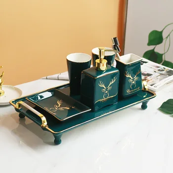 

6pcs Art Luxury Elk Ceramic Emerald Bathroom Five-piece Household High-end Phnom Penh Wash Set Toothbrush Cup Tray Wedding Gift