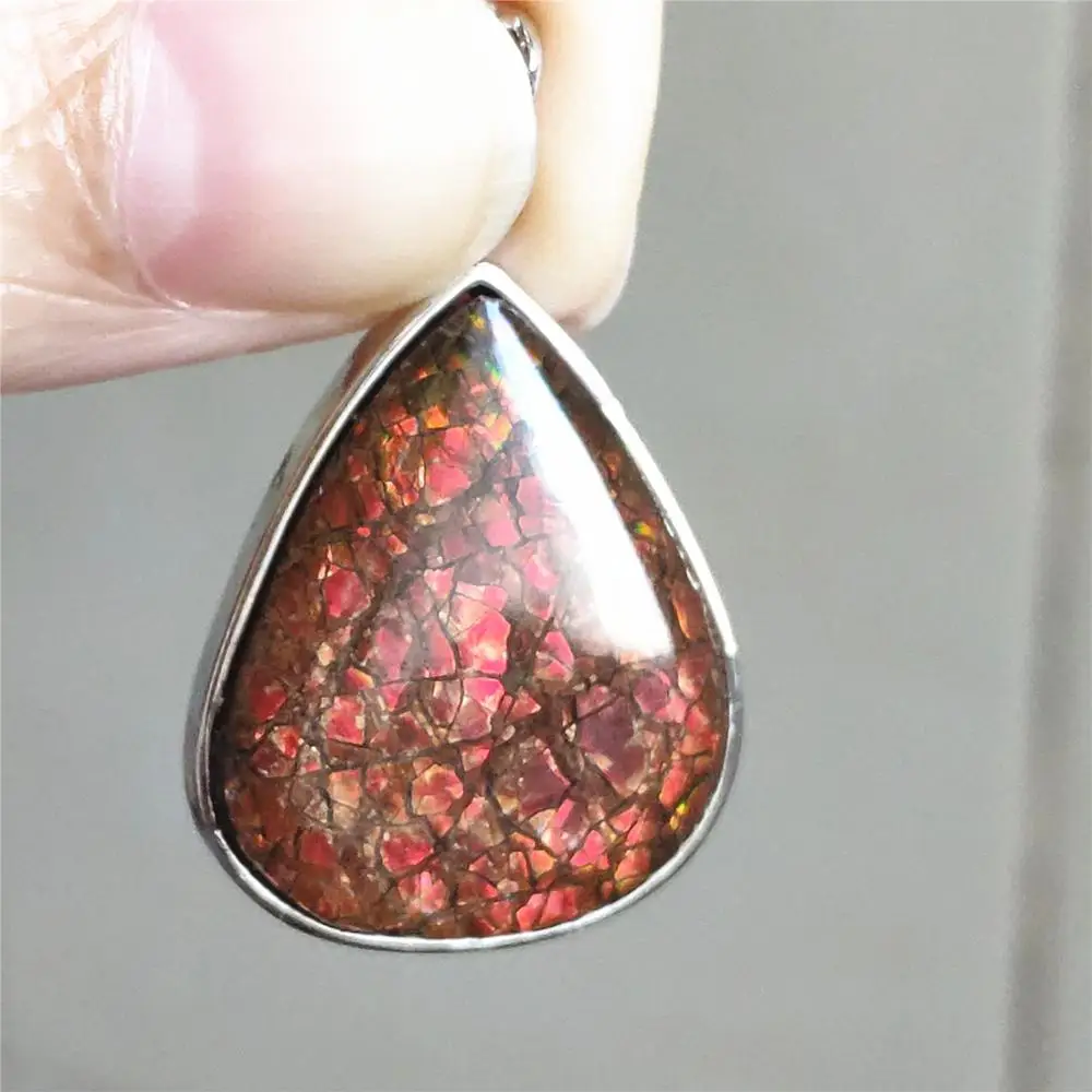 Природный Аммонит Ammolite красный цветастый светильник Кулон Серебряное колье с подвеской с камнями в 25x21x5 мм Для женщин Для мужчин из Канады Цепочки и ожерелья AAAAA