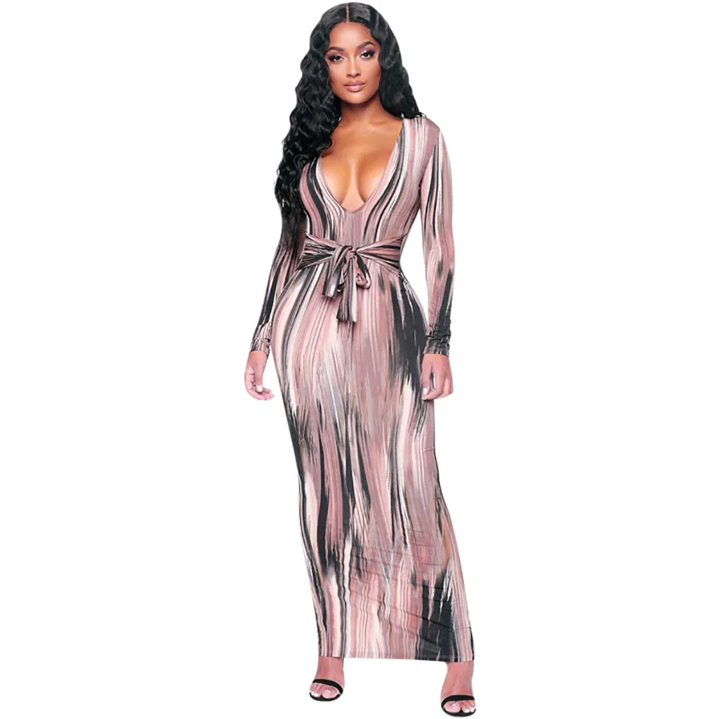 Женские сексуальные вечерние платья с v-образным вырезом и длинным рукавом