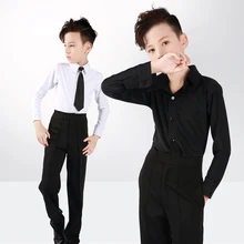 Черно-белая рубашка для латинских танцев с длинными рукавами из спандекса для мальчиков, Детский костюм, современная одежда для танго, топ для сцены, танцевальная одежда