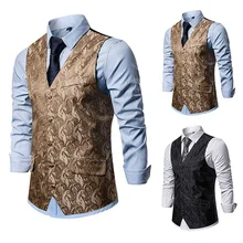 Men Printed Double Pocket Single Breasted Vest Waistcoat Coat M70