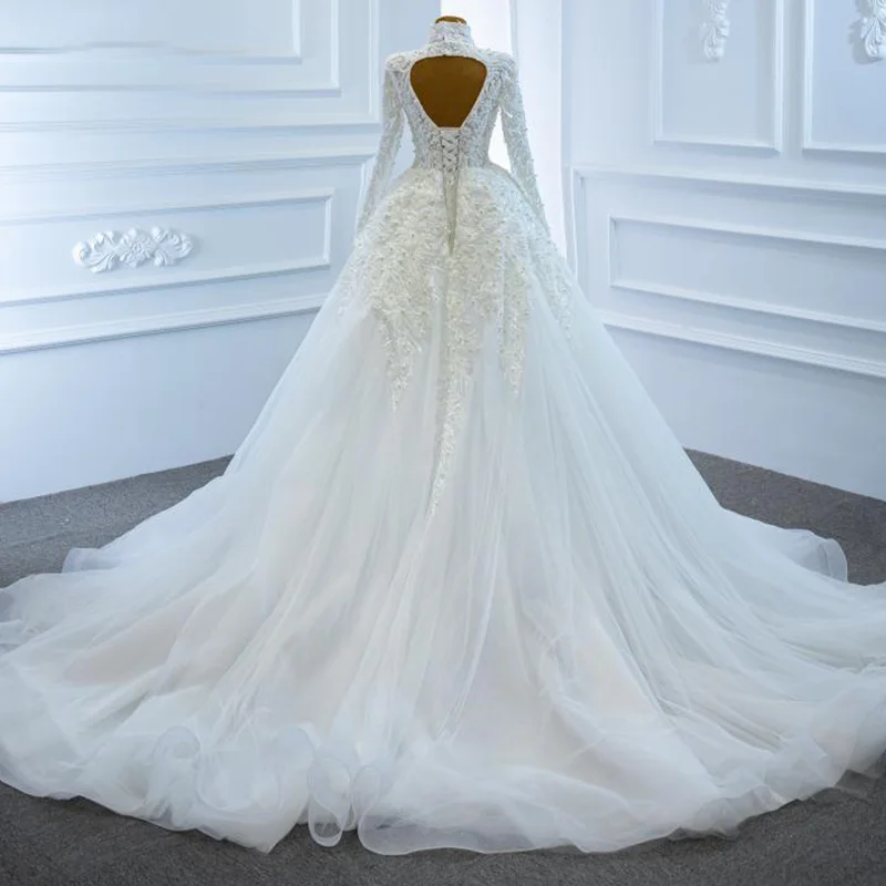 J67218 Elegant Charming High Neck Pearls Wedding Dress 2020 Appliques Ball Gowns Long Sleeve Flowerls 5