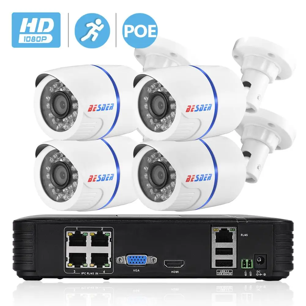 Besder Full HD 1080P CCTV система безопасности 4 шт 1080P Внутренняя/внешняя ip-камера 4CH POE15V NVR CCTV комплект P2P 1080P HDMI/VGA выход