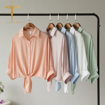 

Simple White Turn Down Collar Female Shirt Long Sleeve Lace-up Button Business Top Summer Solid Color Commuting Women Blouse