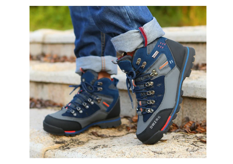 DWZRG Men's Waterproof Leather mid Hiking Boots Outdoor Non-Slip Lightweight Trekking Sneakers 