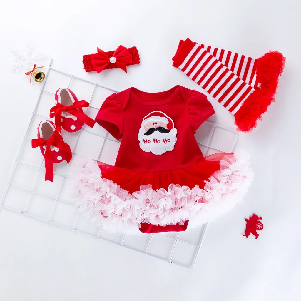 4 предмета, рождественские комплекты одежды для маленьких девочек, 4 предмета комбинезон с принтом Санта-Клауса и юбка, комплекты одежды для новорожденных, 0-24 мес