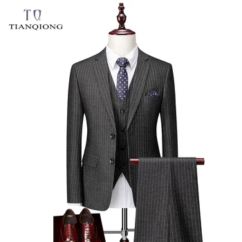

TIAN QIONG Stripe Suits Men 2020 Gentleman Suits Smart Casual Suits with Pants for Men 3 Pieces Suit (Jacket+Pants+Vest)