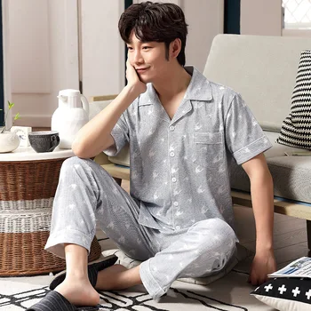 

Men's Pajamas Summer Cotton Short Sleeve Pants Thin Cardigan Cotton Spring and Autumn Loose Large Size Dad Installed Home Wear