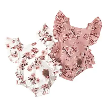 

Toddler Baby Summer Clothing Cotton Floral Romper Sleeveless Ruffled Bodsuits With Headband 2PCS 0-24M