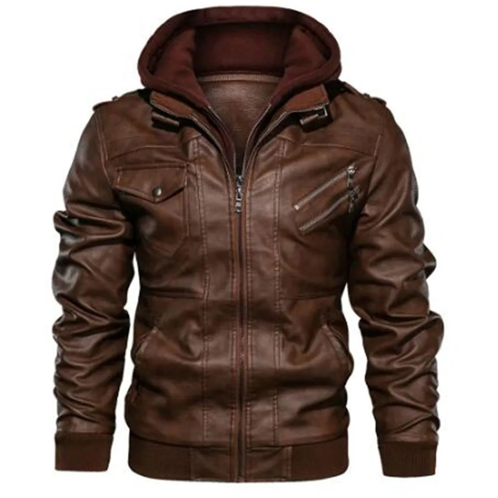 Mens Leather Jacket Men Motorcycle Removable Hood Winter Coat Men Fashion Warm Genuine Leather Jackets Mens Leather Jacket