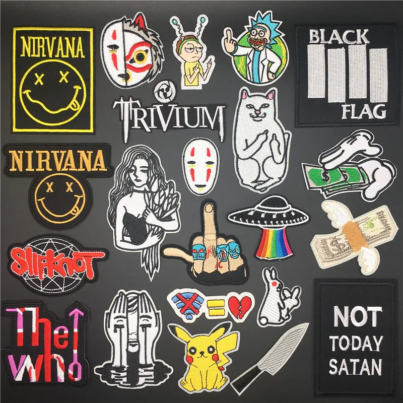 

Nirvana Rock Band Patches Badges Rick and Morty Cartoon Pokemon Patches Metal Band Iron On Patches For Kids Clothing Appliues