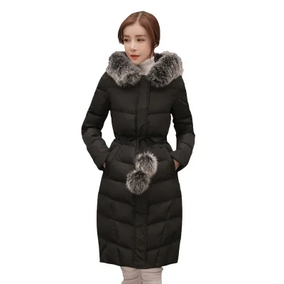 Длинный пуховик с меховым капюшоном для женщин, длинный рукав, толстый теплый пуховик для женщин, Harajuku, шнуровка, молния, зимняя парка, пальто размера плюс - Цвет: Black