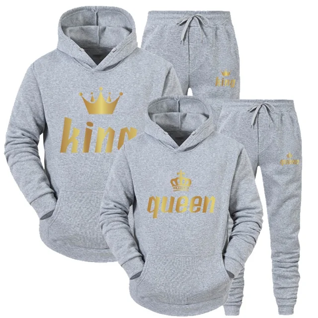 2022 Fashion Couple Sportwear Set KING or QUEEN Printed Lover Hooded Suits Hoodie and Pants 2pcs Set Streetwear Men Women Cloths Gray Queen