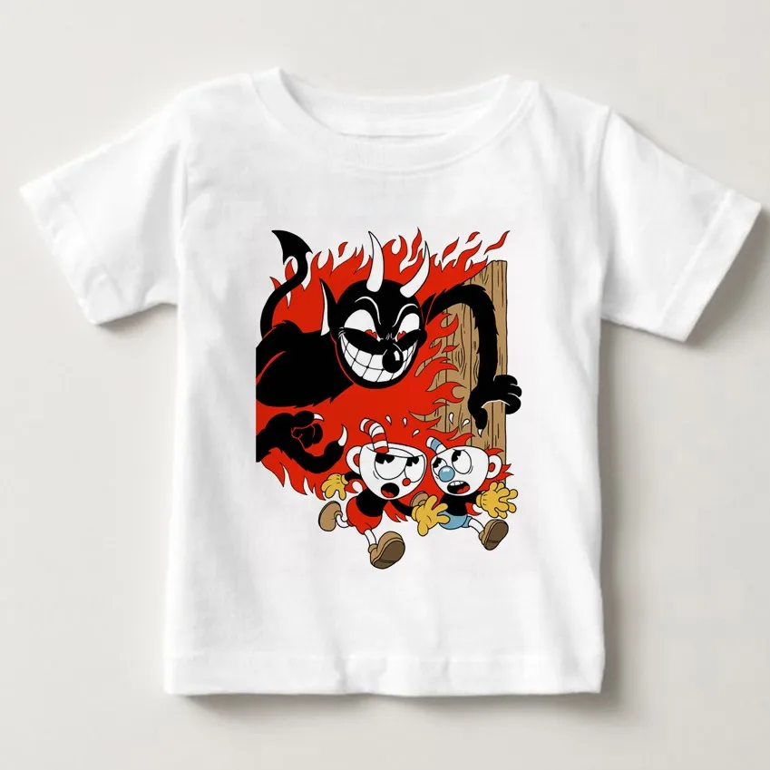Cuphead/летние футболки для мальчиков и девочек; удобная дышащая футболка премиум-класса в масках; детский топ; летние топы для девочек - Цвет: White childreT-shirt