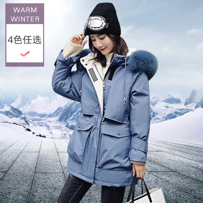New Style Korean-style Loose-Fit down Jacket Women's Mid-length Waist Hugging Large Fur Collar Thick Parka Short-height off