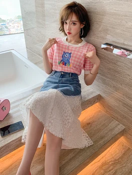 

Stylish Plaid Knitted Monster Embroidered T-shirt + Irregular Stitching Denim Skirt Suit, Female Fashion Summer New Style