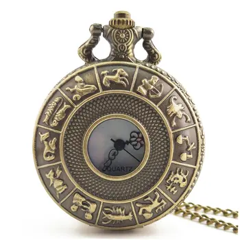 

Twelve Constellations Vintage Antique Round Dial Quartz Pocket Watch Necklace Pendant Clock for Mens Womens Best Gifts