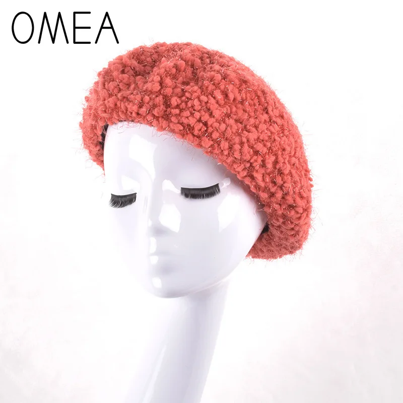 OMEA кашемировый берет, шапка для женщин, шерстяной берет с блестящей нитью, однотонный берет, шапка, шапка художника, зимняя английская берет