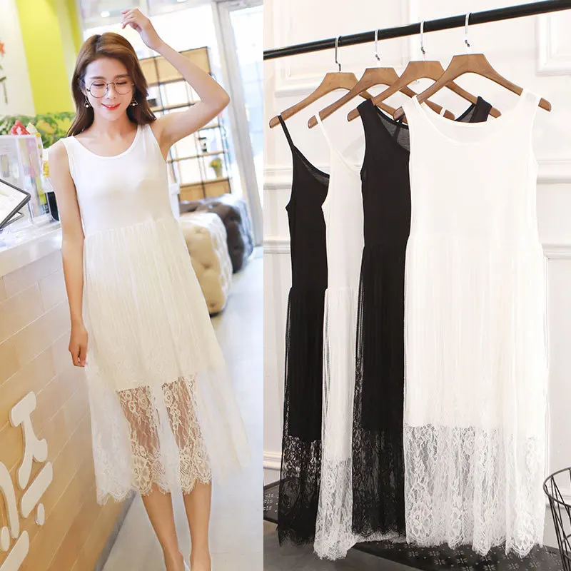 Modal stitching lace camisole white bottom skirt dress high waist sleeveless mesh pleated slip dress petticoat autumn and winter