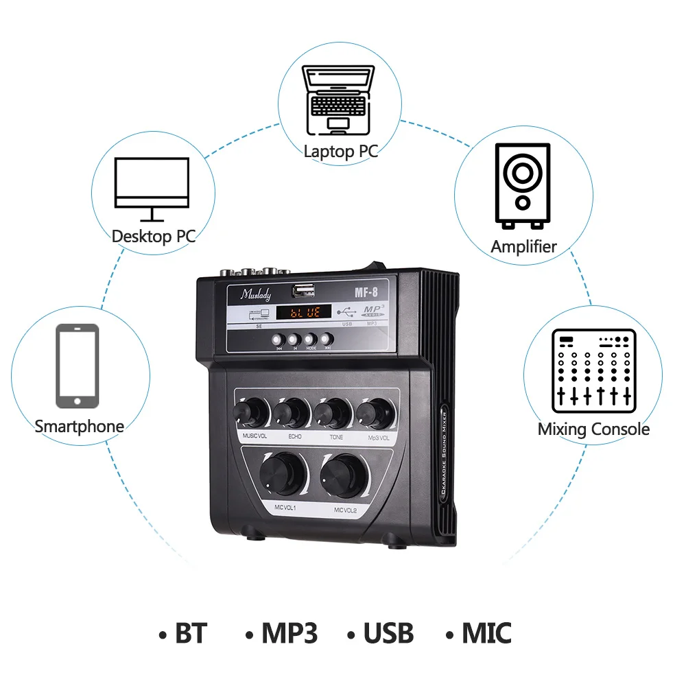 Muslady MF-8 мини-микшер для караоке, стерео эхо-миксеры, двойные Микрофонные входы, поддержка BT записи, MP3 для ПК, усилитель