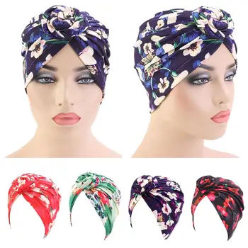

Women Flower Printed Stretchy Knot Chemo Cap Band Pleated Head Wrap Turban Indian Hat Hair Loss Beanies Skullies Cover Fashion