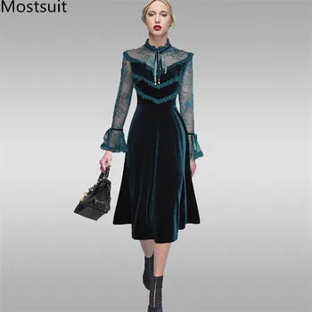 

Runway Fashion Lace Patchwork Velvet Long Dress Women Flare Sleeve Stand Collar Bow Pleated Dresses Vestidos Mujer 2020 Spring