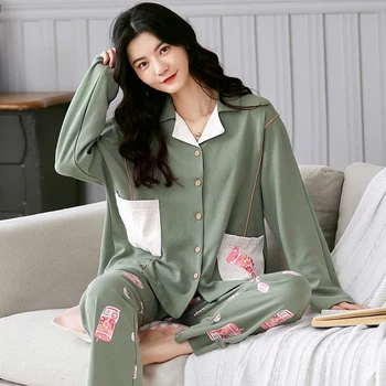 

Women's Pajamas Long Sleeve With Pocket Pajama Set Loose Turn-down Collar Sleepwear Pijama Feminino Home Wear