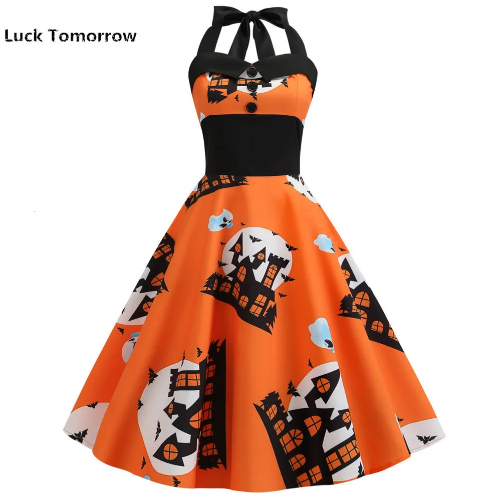 

Skull Pumpkin Sexy Retro Dress 2019 Audrey Hepburn Vintage Halter Dress 50s 60s Gothic Pin Up Rockabilly Dress Plus Size Robe