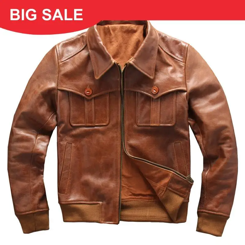 

2020 Brown Men Slim Fit Motorcycle Leather Jacket Large Size XXXL Genuine Cowhide Spring Biker's Leather Coat FREE SHIPING