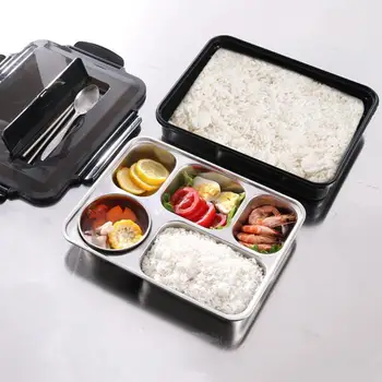 

1200ML Five-grid with Soup Bowl Cover Snack Plate 304 Stainless Steel Five Grid Multi-function Canteen Lunch Box with Bags 30E