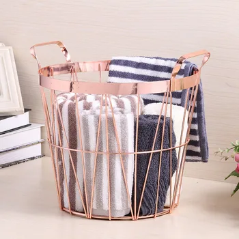 

Nordic Rose Gold Metal Storage Basket Multifunction Bathroom Dirty Clothes Finishing Basket Portable Handles Organizer Basket