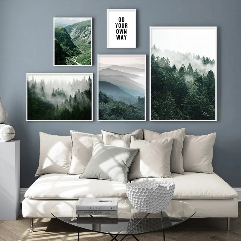 

Mountain Foggy Forest Picture Nature Scenery Scandinavian Poster Nordic Decoration Landscape Print Wall Art Canvas Painting