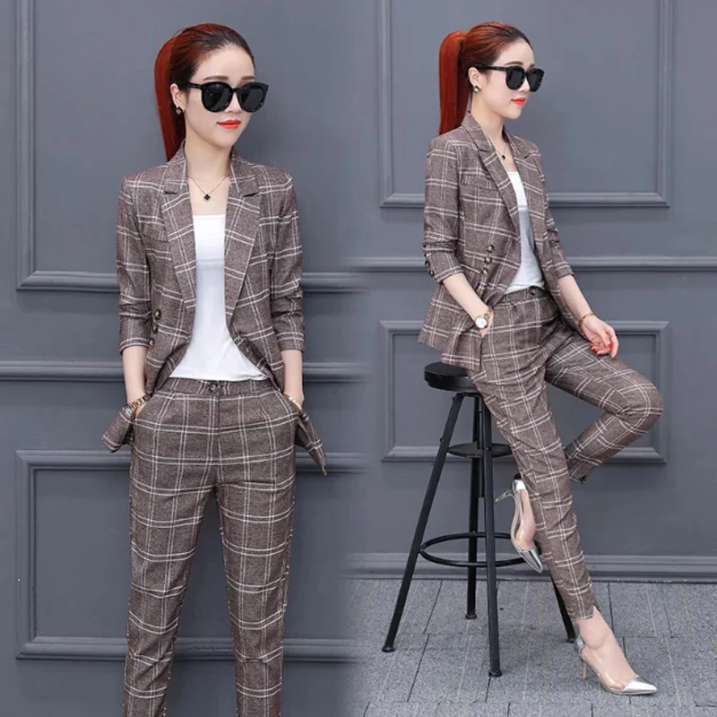 

Women Business Suits Formal Office Suits work Fashion Ladies Striped Pantsuit Single 2019 Blazer Set with Ankle-Length Pants