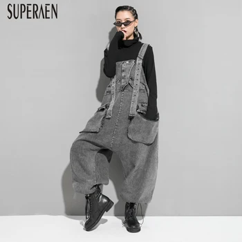 

SuperAen Europe 2019 Autumn and Winter New Jeans Wild Casual Fashion Ladies Overalls Solid Color Women Jeans