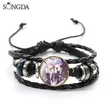 

Kawaii Anime RE: ZERO Bracelet Ram Rem Emilia Figures Art Picture Glass Dome Multi-layer Wrap Leather Bracelet Otaku Gift