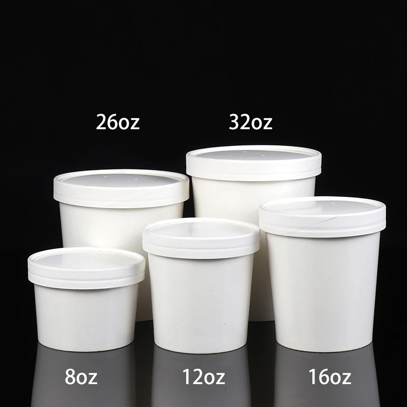 Download 50pcs White Thick Kraft Paper Soup Bucket Disposable Soup Cup Lunch Box Takeaway Food Bowl Salad Packaging Round Cup With Lid Disposable Cups Aliexpress