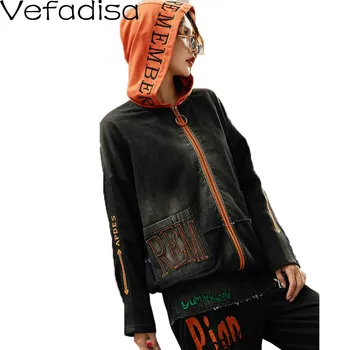 

Vefadisa Plus Size Letter Print Women Coat 2020 Autumn Stitching Color Hoodie Coat Zipper Streetwear Women Jacket Black QYF3405