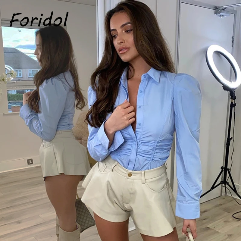 

Foridol Long Puff Sleeve Blouse Shirt Women Office Ladies Elegant Shirt Tops Spring Autumn Rushed Blue Tops 2021 New