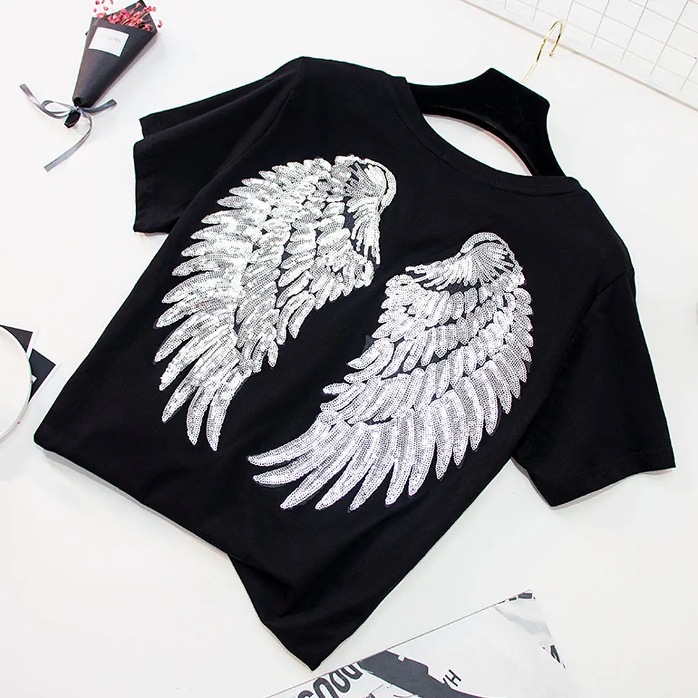 Fashion Sequin Angel Wings T-shirt Woman Causal Tops Novelty