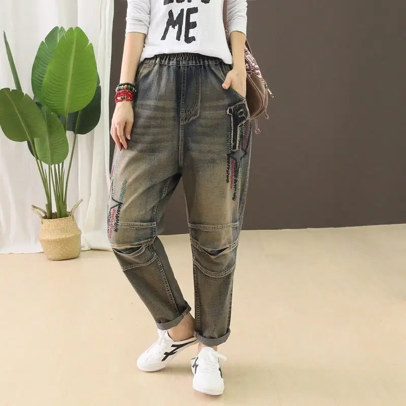 Autumn Jeans Women Retro Elastic Waist Drawstring Denim Pants Werainyee 2022 New Loose Embroidery Scratched Casual Trousers