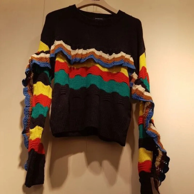 [EWQ]Rainbow Color Stripe Stitching Ruffled Loose Casual Women Sweater 219 Autumn And Winter New Round Neck Pullover Knits QK626 | Женская