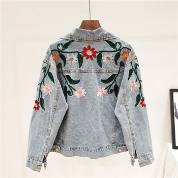 

Fashion Blue Denim Jacket Basic Coat Women Streetwear Manual Embroidery Flowers Vintage Slim Short Jeans Jacket Female Outerwear