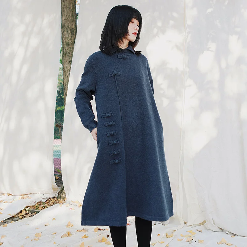 blue grey LANMREM, платье в дворцовом стиле, зимнее, новое, женское, с отворотом, средней длины, свободное, ТРАПЕЦИЕВИДНОЕ, свободное, элегантное и повседневное, Pullver платье PC337 - Цвет: blue grey
